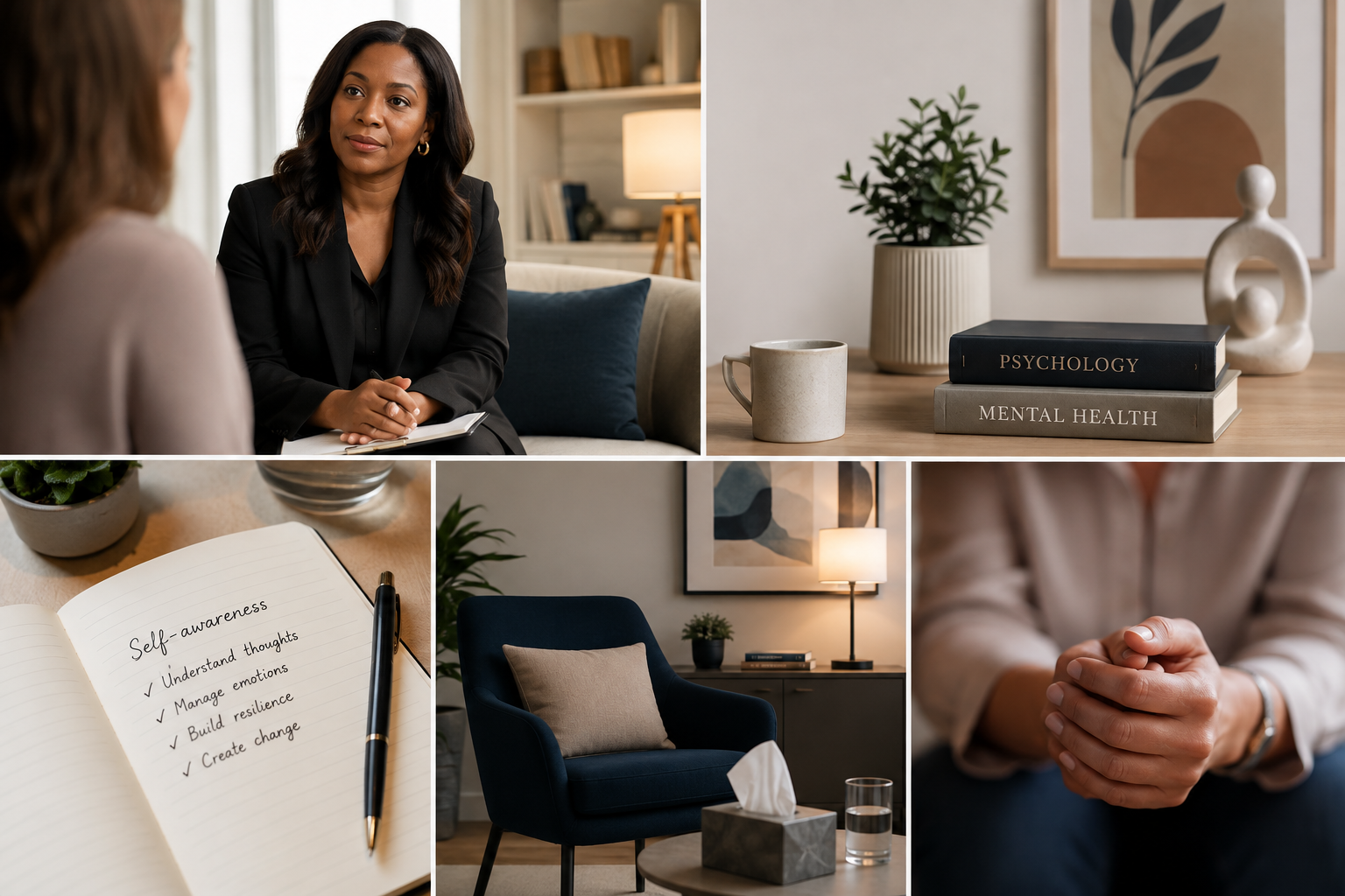 Collage of therapy setting: psychologist in session, psychology books, therapy room chair, journal with self-awareness notes, and clasped hands